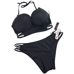 Victoria’s Secret Bombshell Black Strappy Brazilian Bikini Set 34DD/L‎ NWT
